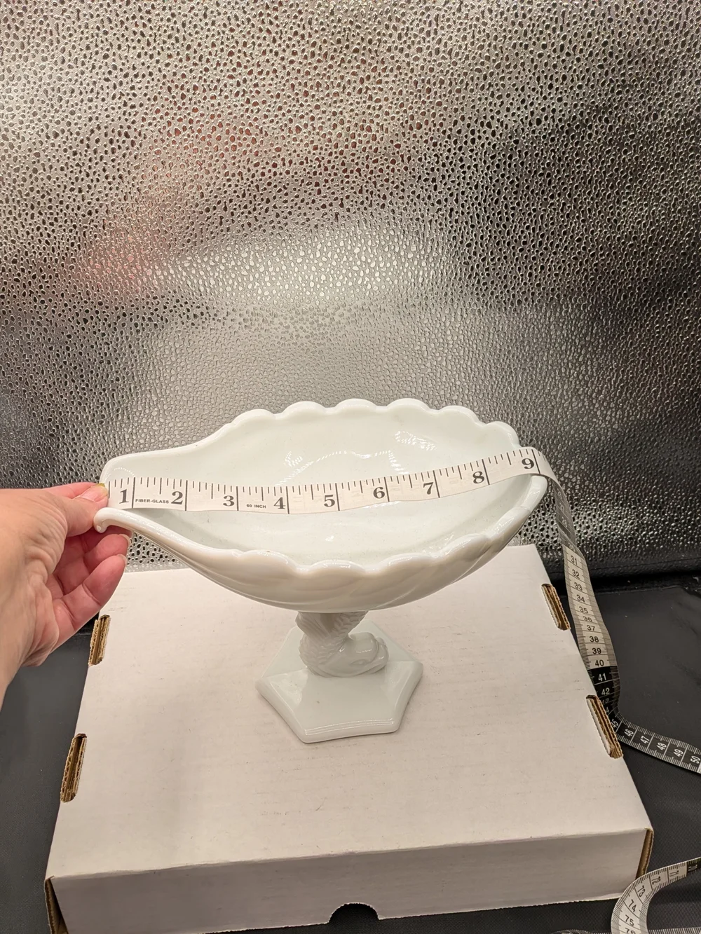 White Milk Glass Compote Pedestal Bowl With Dolphin Decor